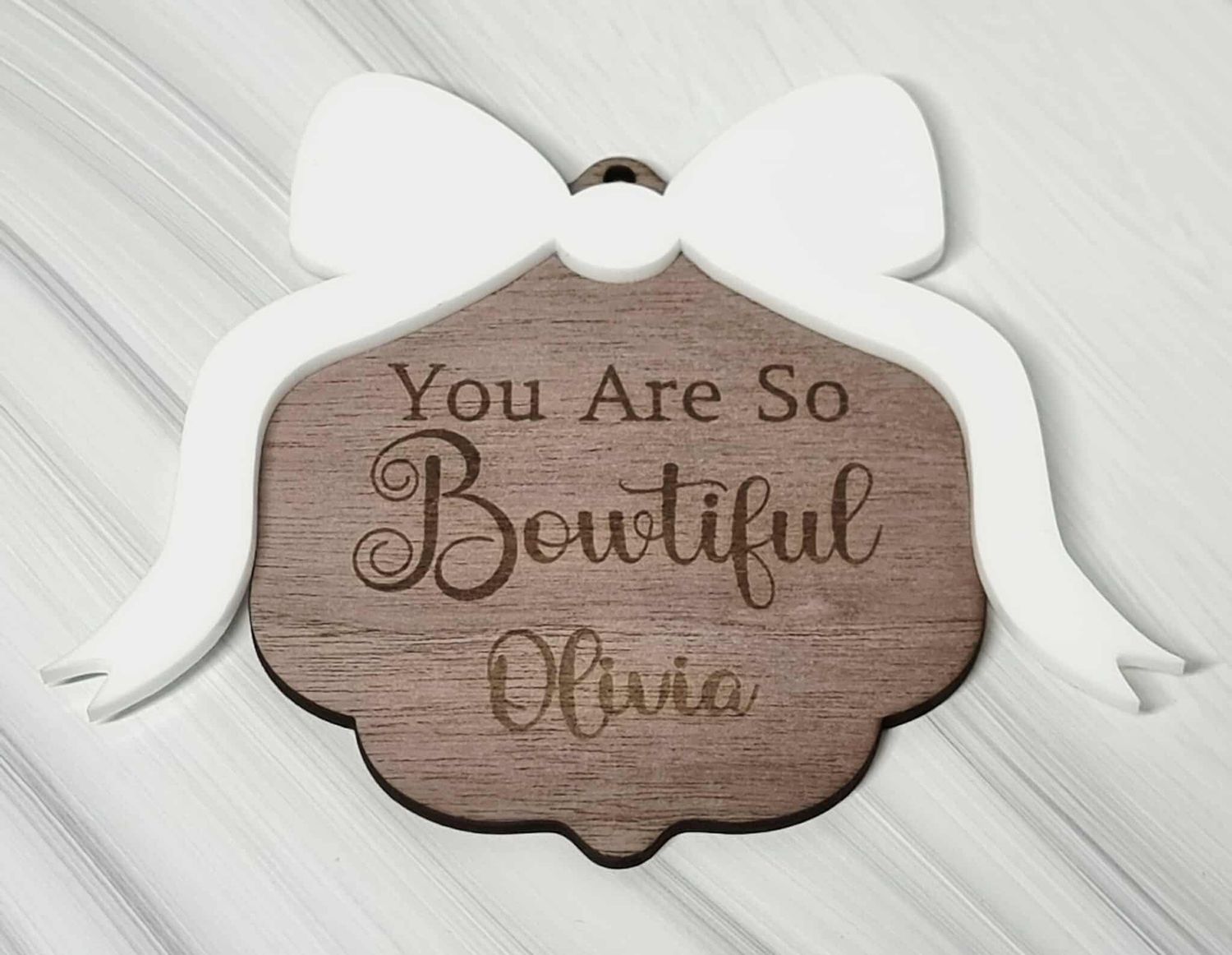 Bowtiful Large Bow Border White Acrylic &amp; Walnut Plywood 3mm Hanging Ornament