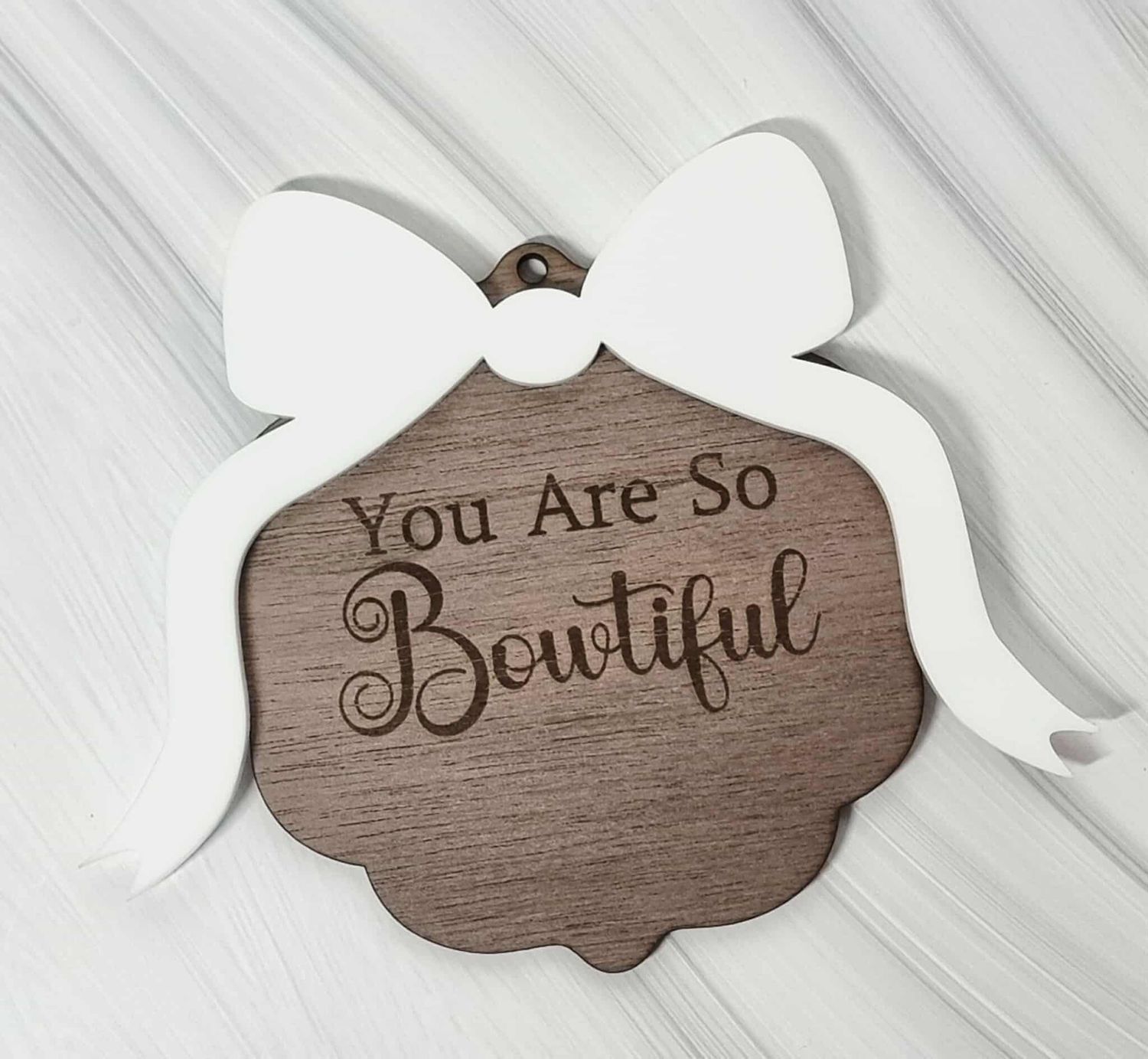 Bowtiful Large Bow Border White Acrylic &amp; Walnut Plywood 3mm Hanging Ornament