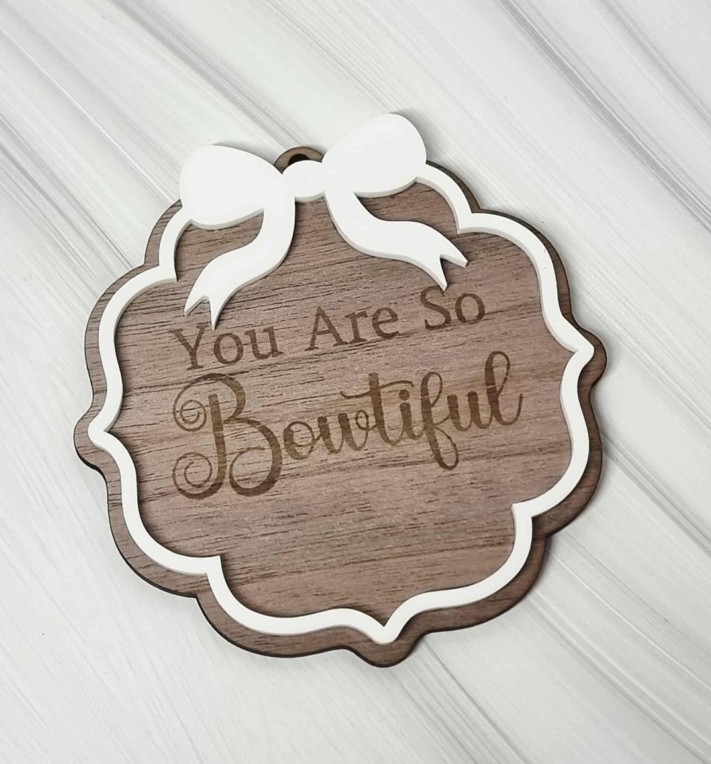 Bowtiful Small Bow Border White Acrylic &amp; Walnut Plywood 3mm Hanging Ornament