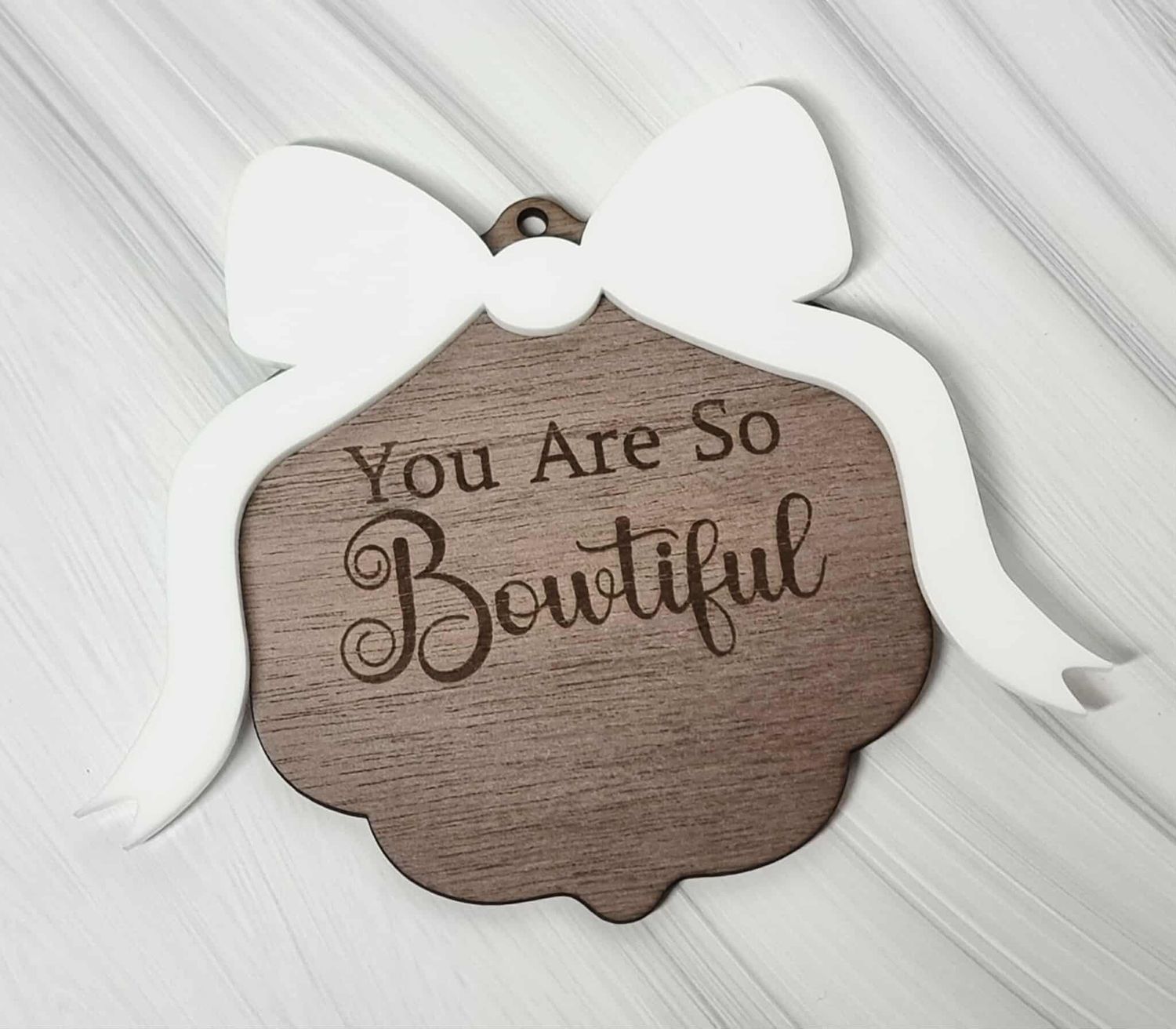 Bowtiful Large Bow Border White Acrylic &amp; Walnut Plywood 3mm Hanging Ornament