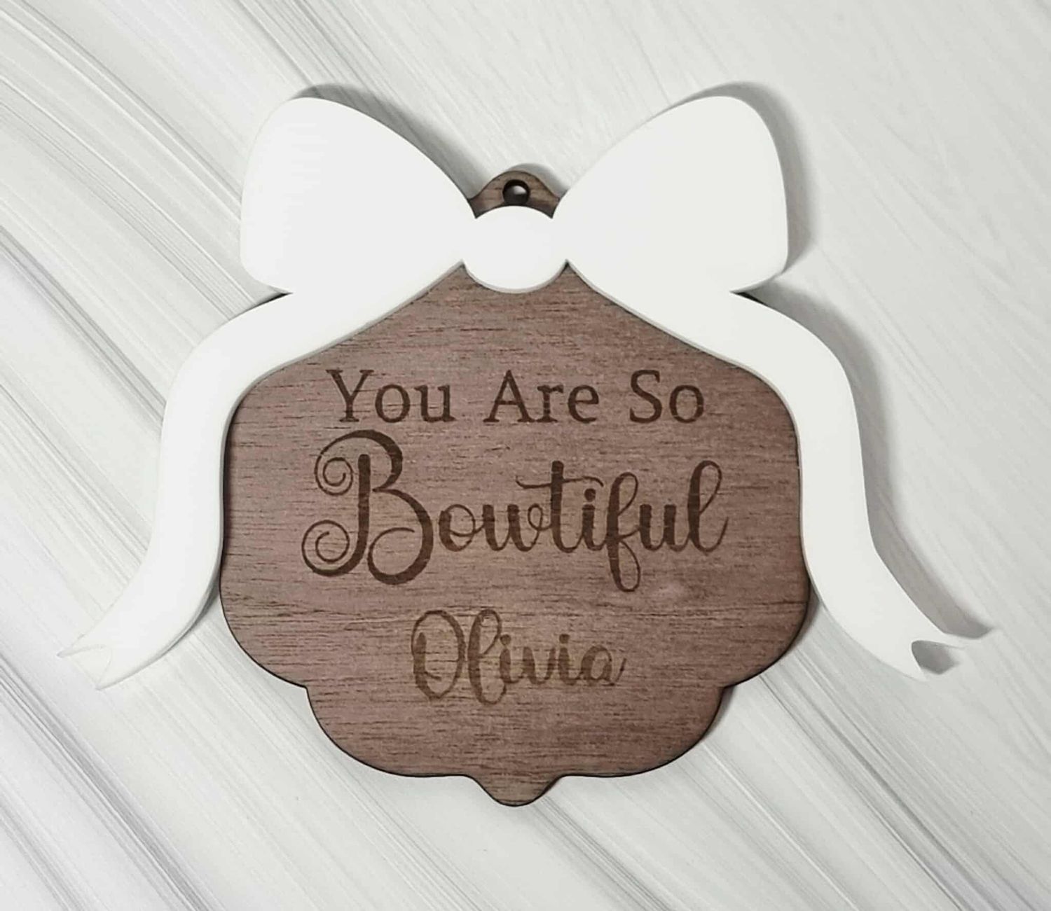 Bowtiful Large Bow Border White Acrylic &amp; Walnut Plywood 3mm Hanging Ornament