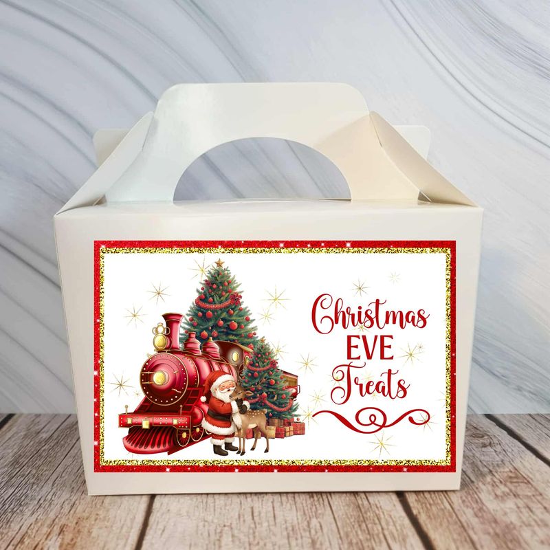 Personalised Santa Cuddling Reindeer Train Christmas Eve Treat Box Sticker Red