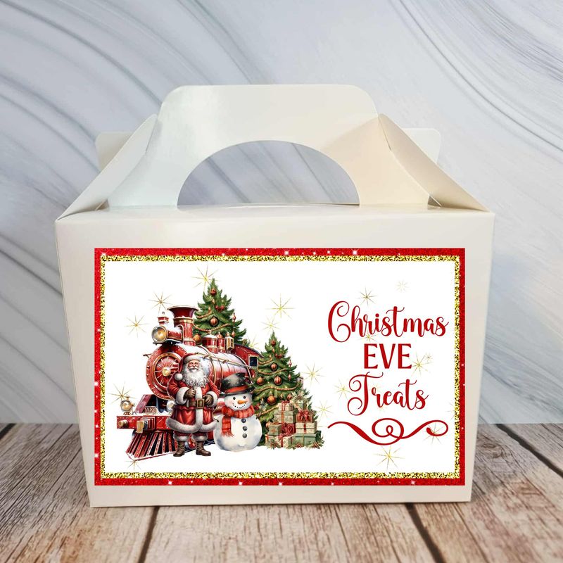 Personalised Train Christmas Eve Treat Box Sticker Red Santa Snowman