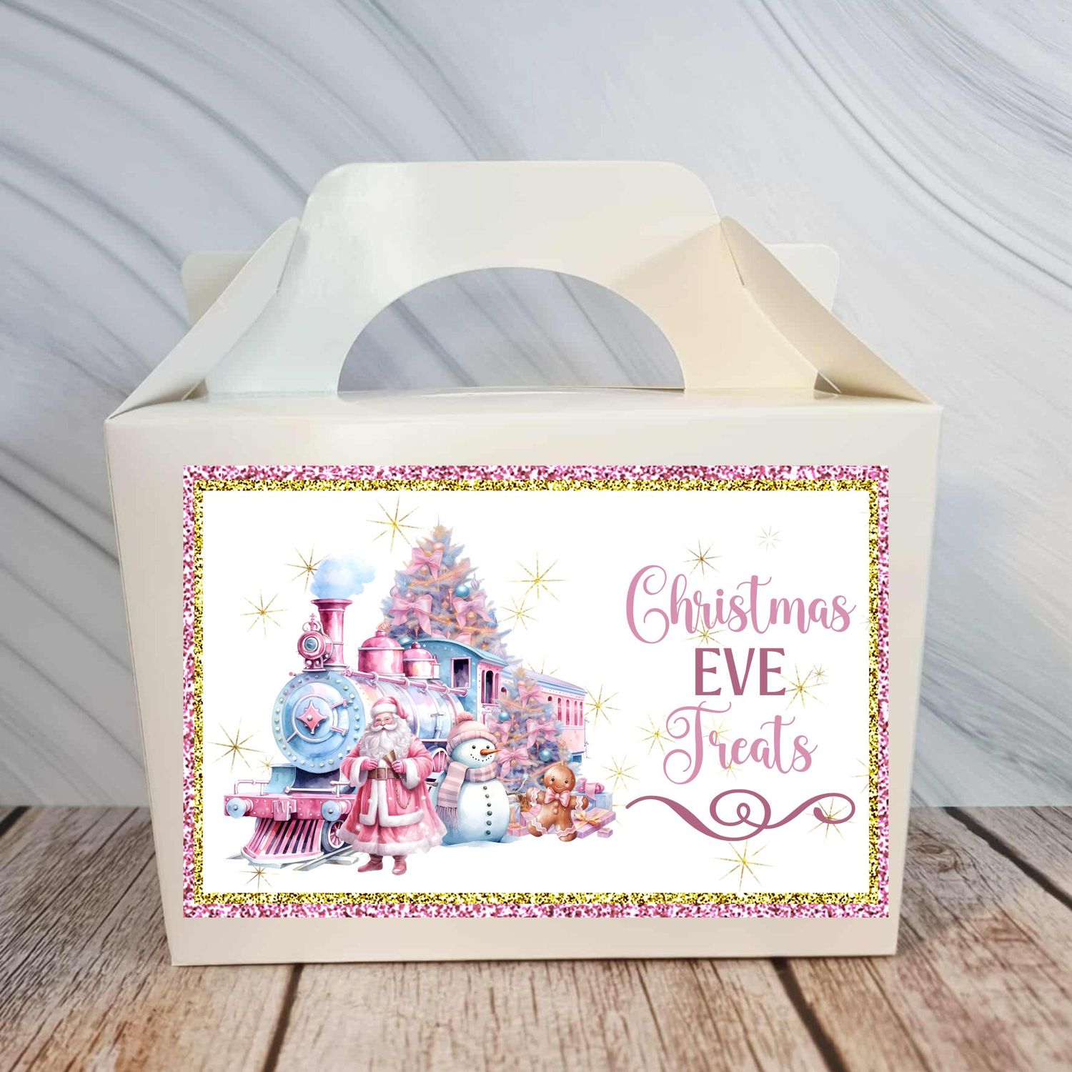 Personalised Santa Train Christmas Eve Treat Box Sticker Pink &amp; Blue