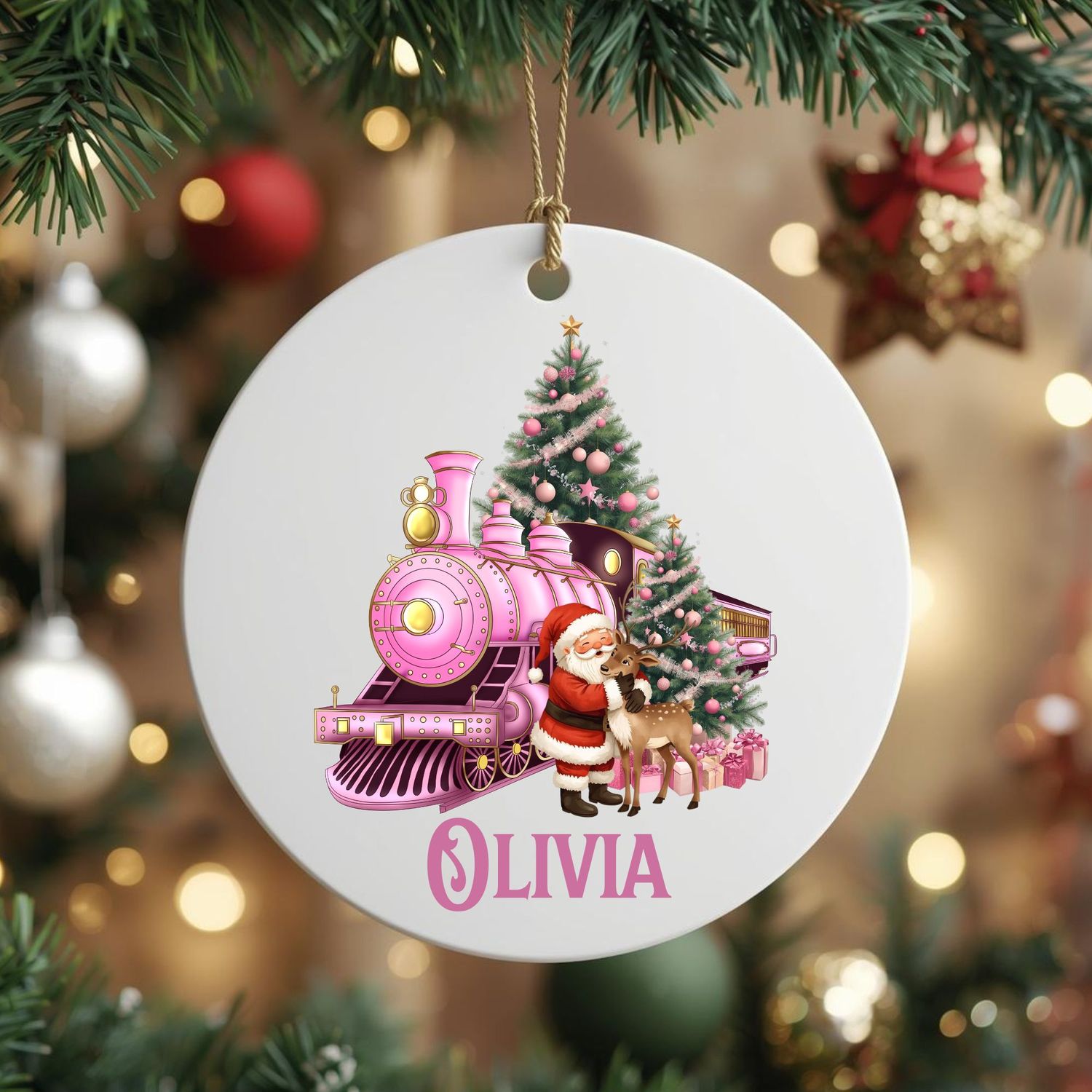 Personalised Santa Cuddling Reindeer Pink UVDTF or DTF Decal