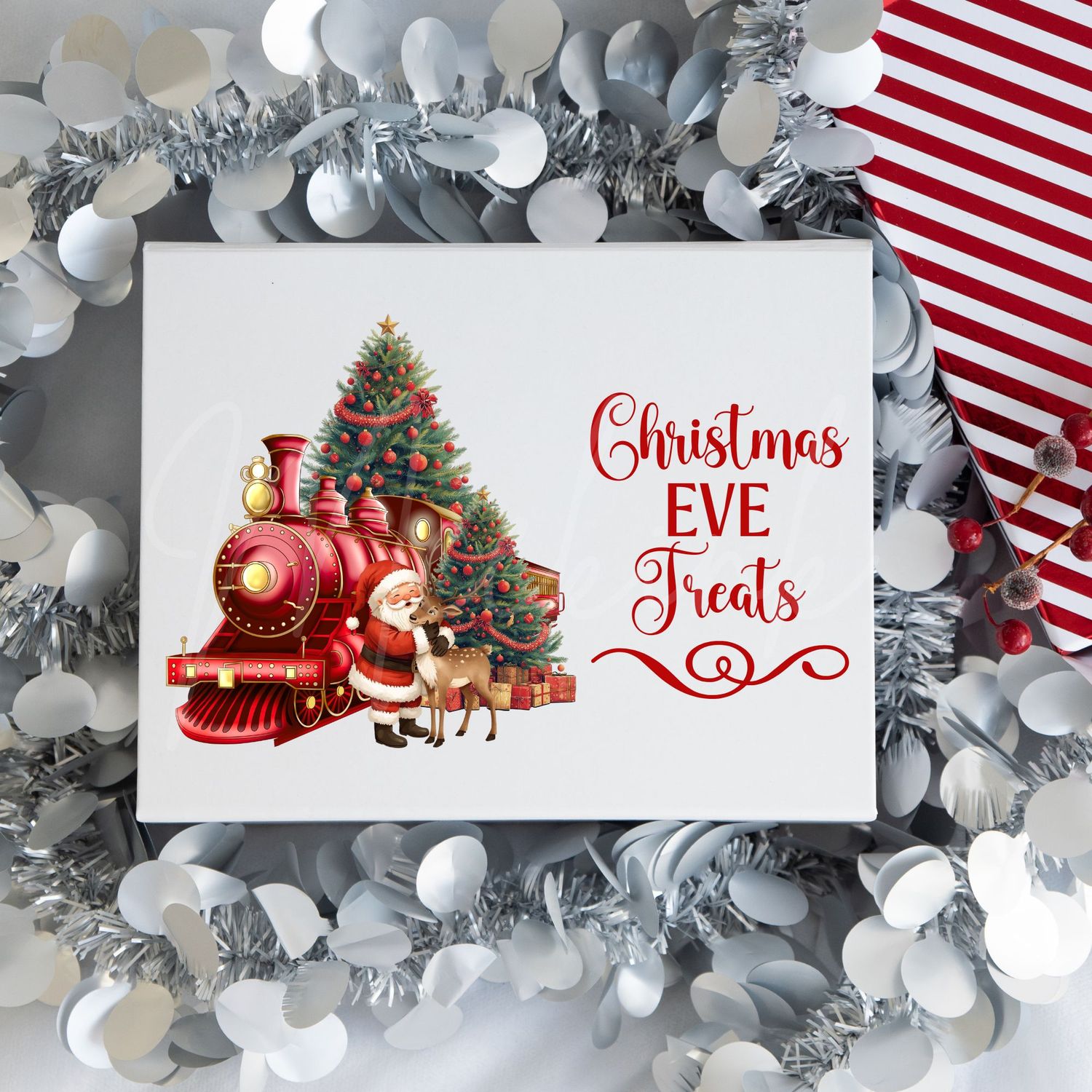 Santa Cuddling Reindeer Red Christmas Eve Box UVDTF or DTF Decal