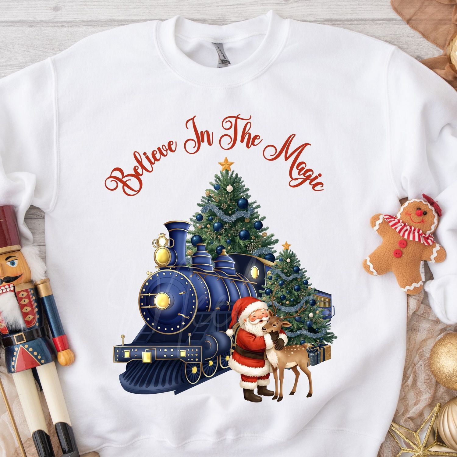 Santa Cuddling Reindeer Believe In The Magic Navy Blue DTF Decal