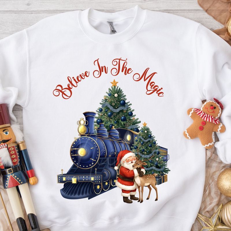 Santa Cuddling Reindeer Believe In The Magic Navy Blue DTF Decal