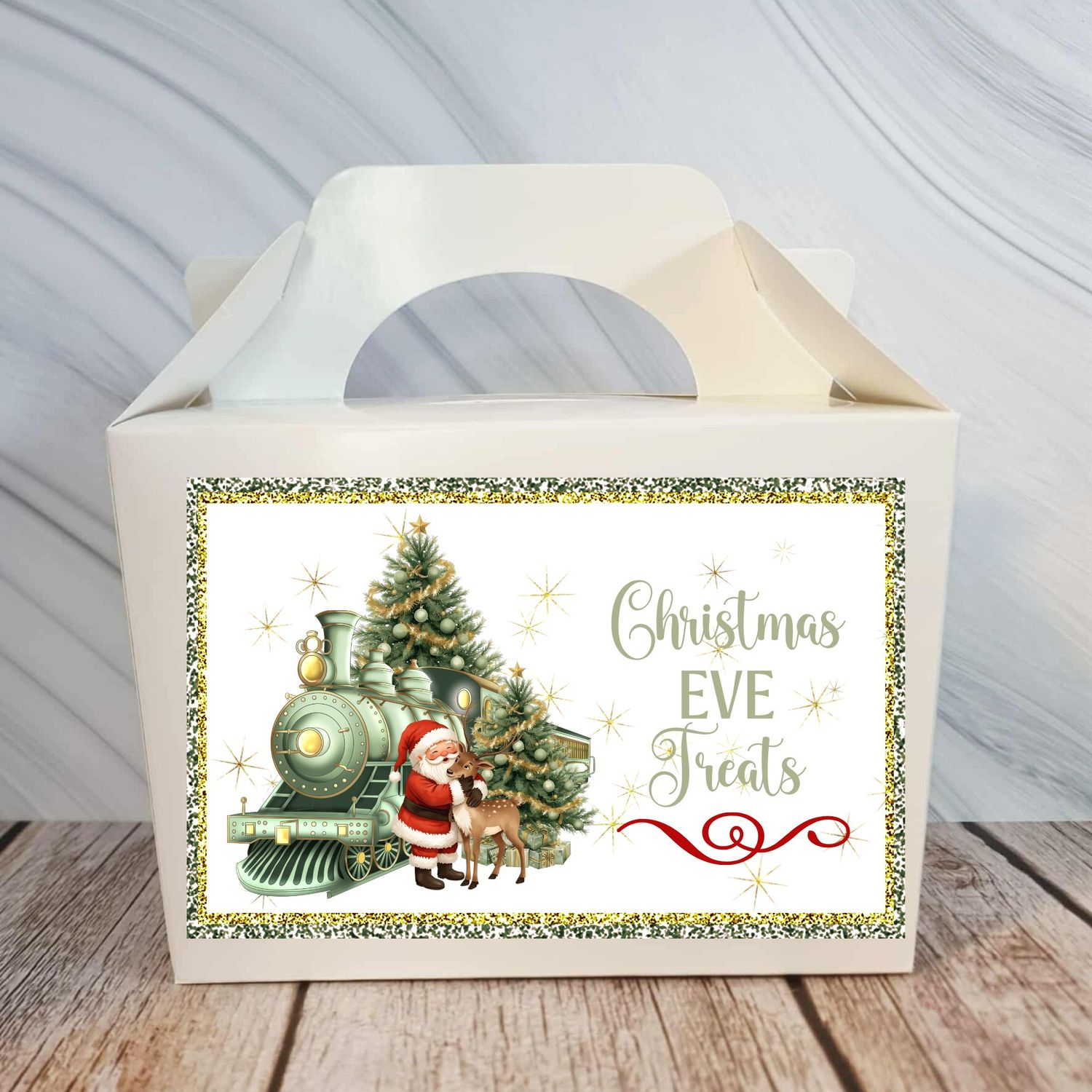 Personalised Santa Cuddling Reindeer Train Christmas Eve Treat Box Sticker Sage Green