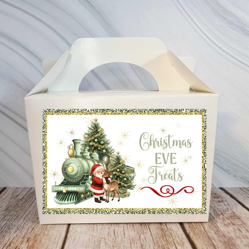 Personalised Santa Cuddling Reindeer Train Christmas Eve Treat Box Sticker Sage Green