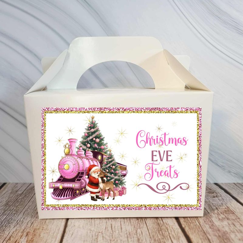 Personalised Santa Cuddling Reindeer Train Christmas Eve Treat Box Sticker Pink