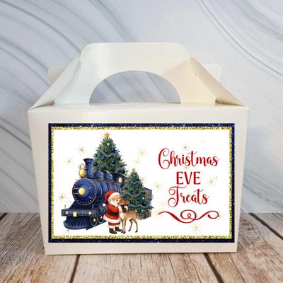 Personalised Santa Cuddling Reindeer Train Christmas Eve Treat Box Sticker Navy