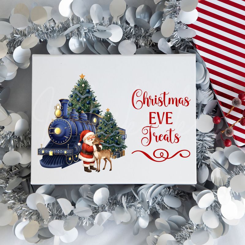 Santa Cuddling Reindeer Blue Christmas Eve Box UVDTF or DTF Decal