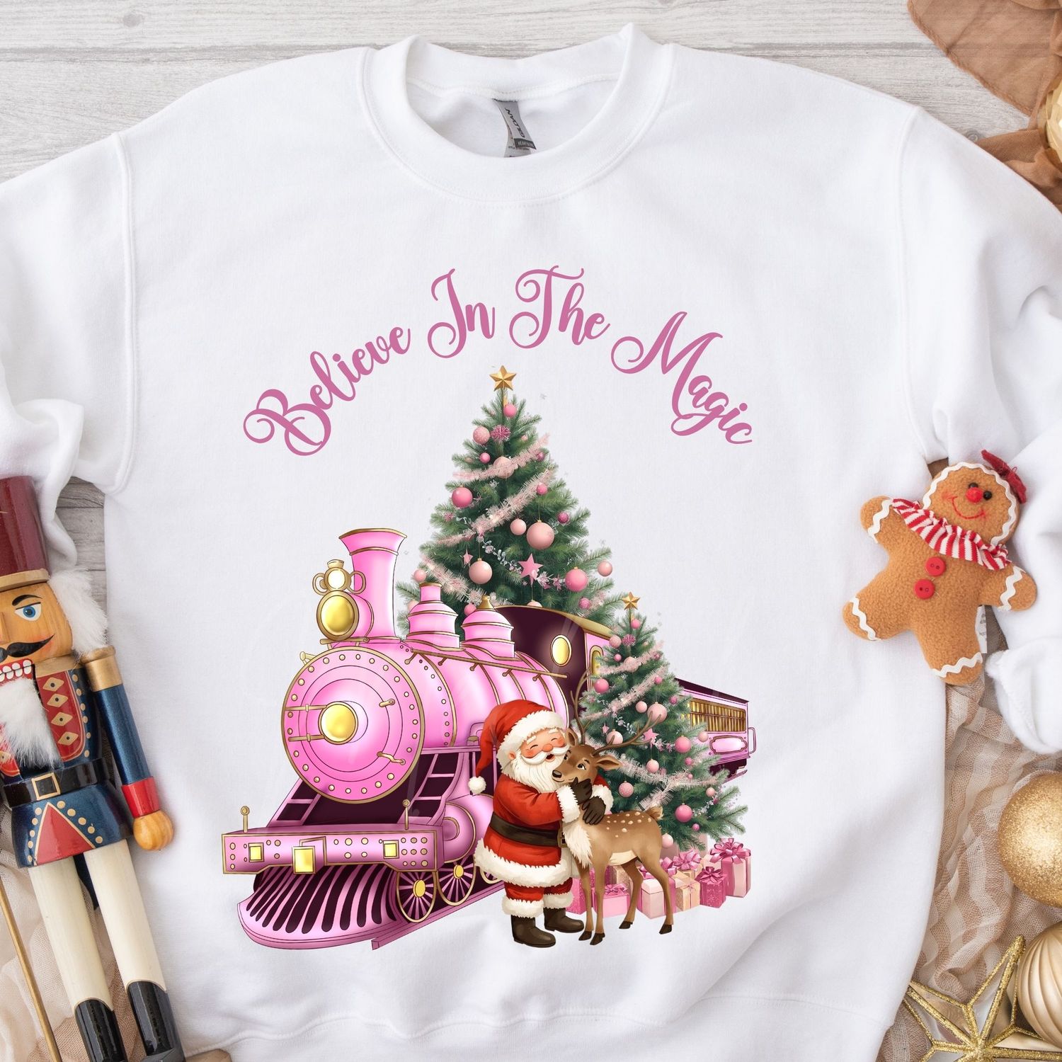 Santa Cuddling Reindeer Believe In The Magic Pink DTF Decal