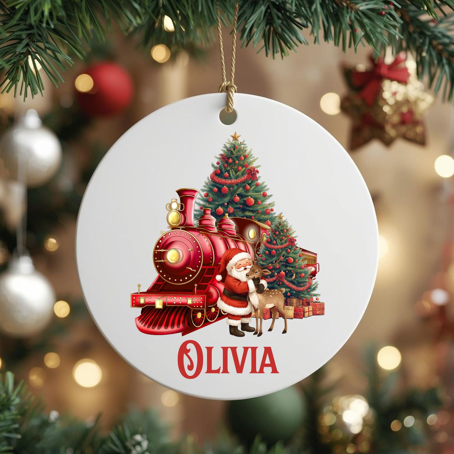 Personalised Santa Cuddling Reindeer Red UVDTF or DTF Decal