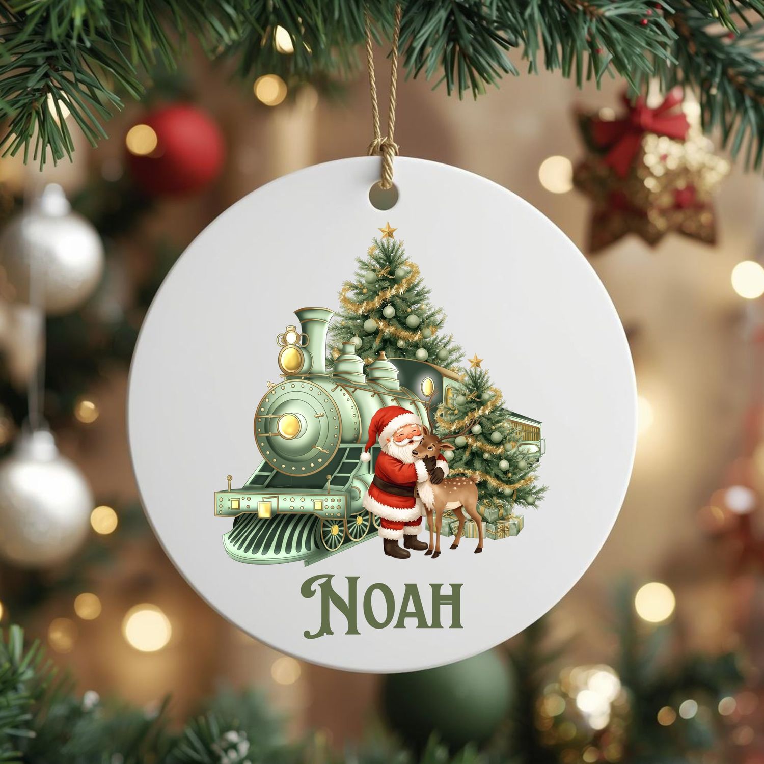 Personalised Santa Cuddling Reindeer Sage Green UVDTF or DTF Decal