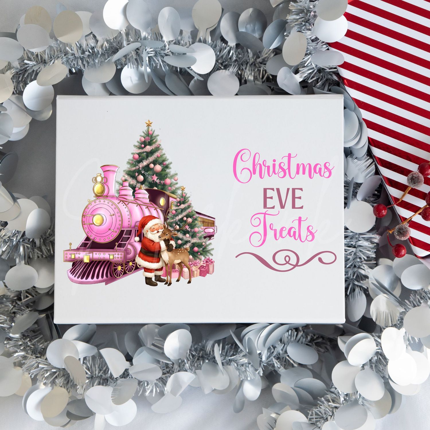 Santa Cuddling Reindeer Pink Christmas Eve Box UVDTF or DTF Decal