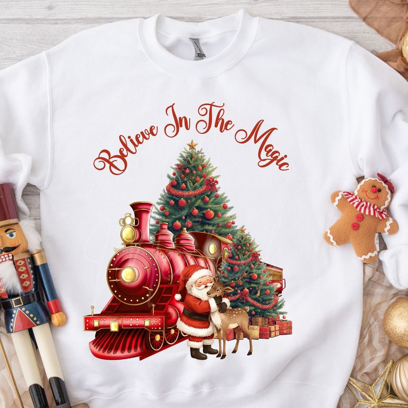 Santa Cuddling Reindeer Believe In The Magic Red DTF Decal