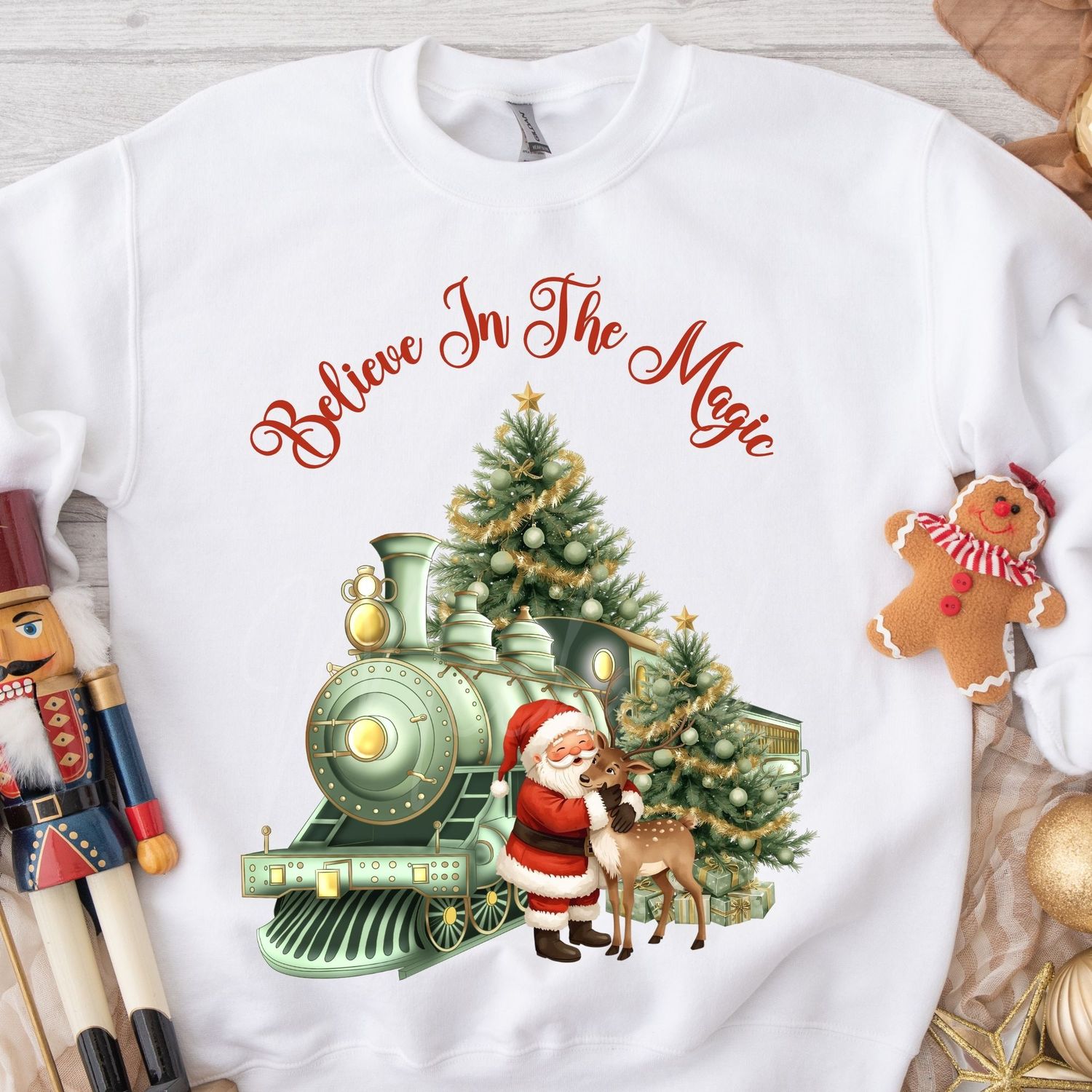 Santa Cuddling Reindeer Believe In The Magic Sage Green DTF Decal