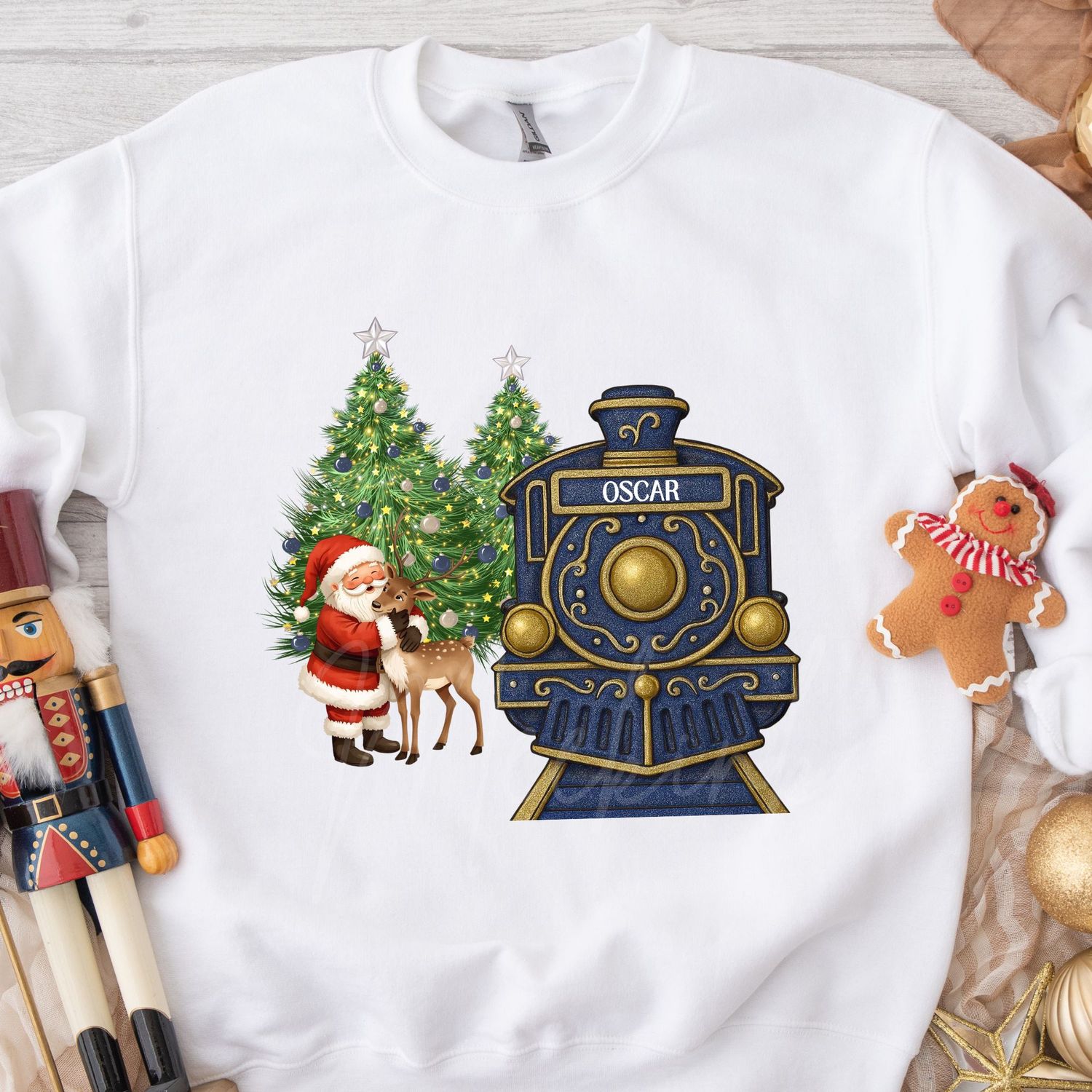 Navy Train Santa Cuddling Reindeer DTF Decal