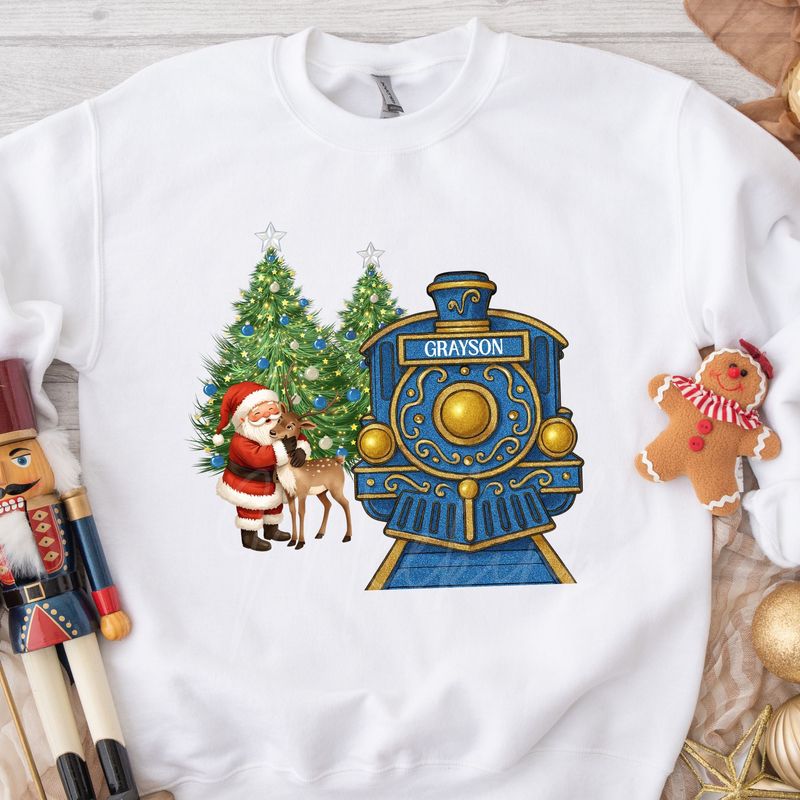 Blue Train Santa Cuddling Reindeer DTF Decal