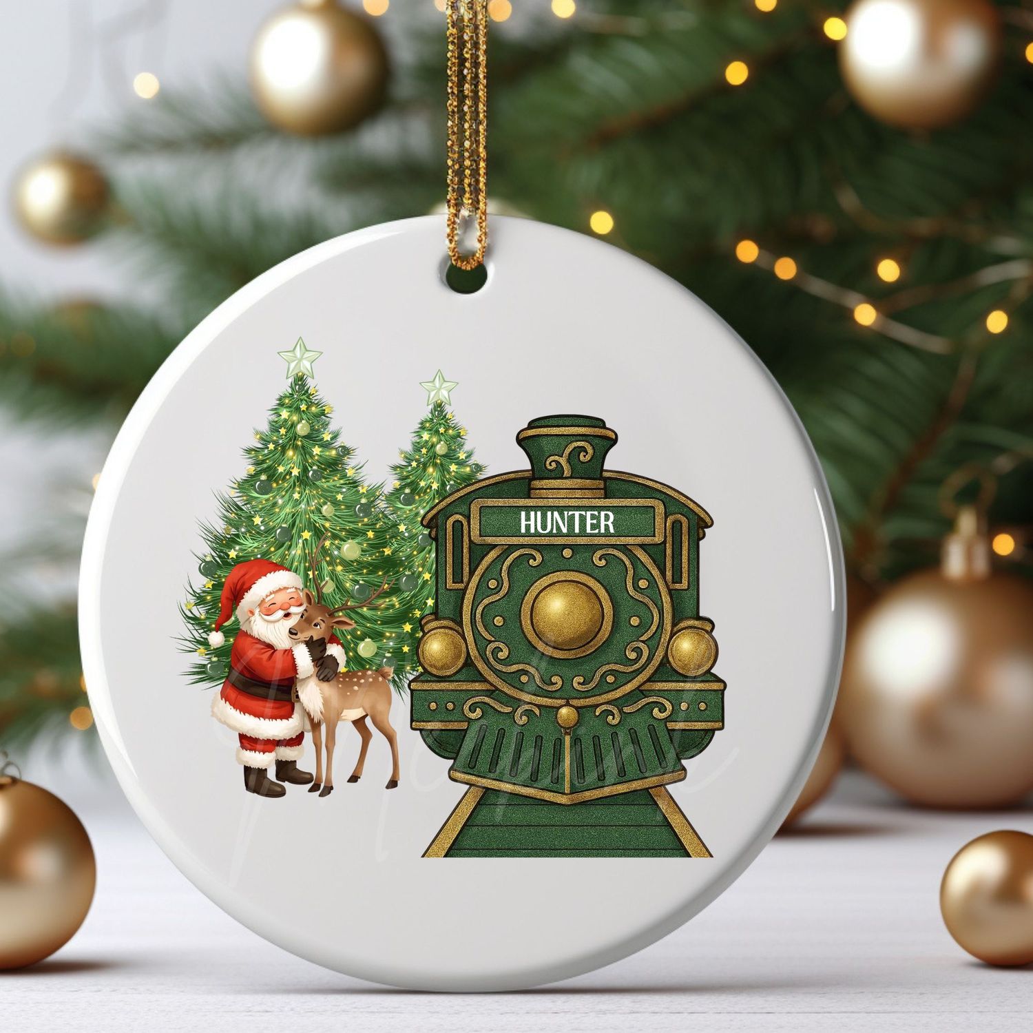 Personalised Green Train Santa Cuddling Reindeer UVDTF or DTF Decal