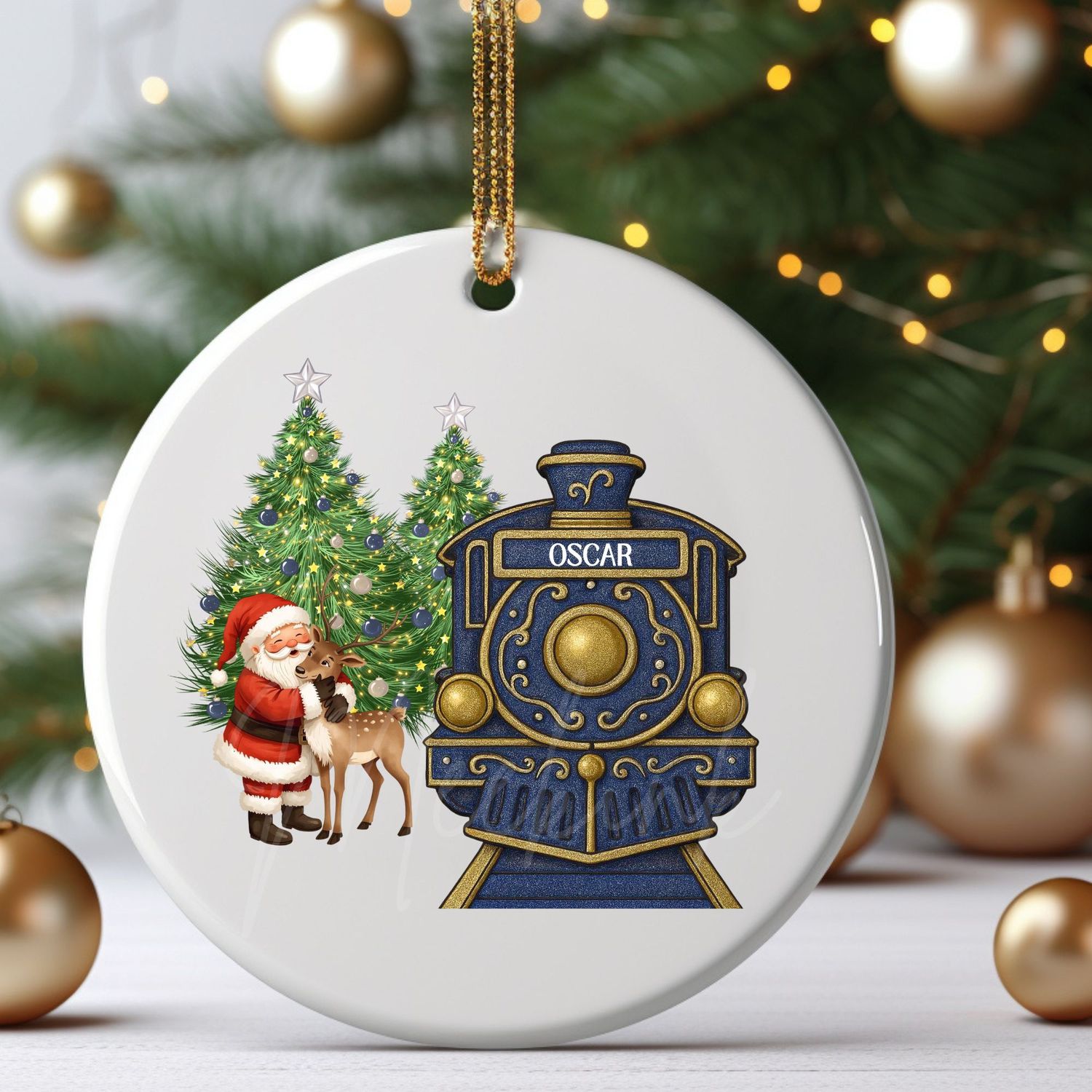 Personalised Navy Train Santa Cuddling Reindeer UVDTF or DTF Decal