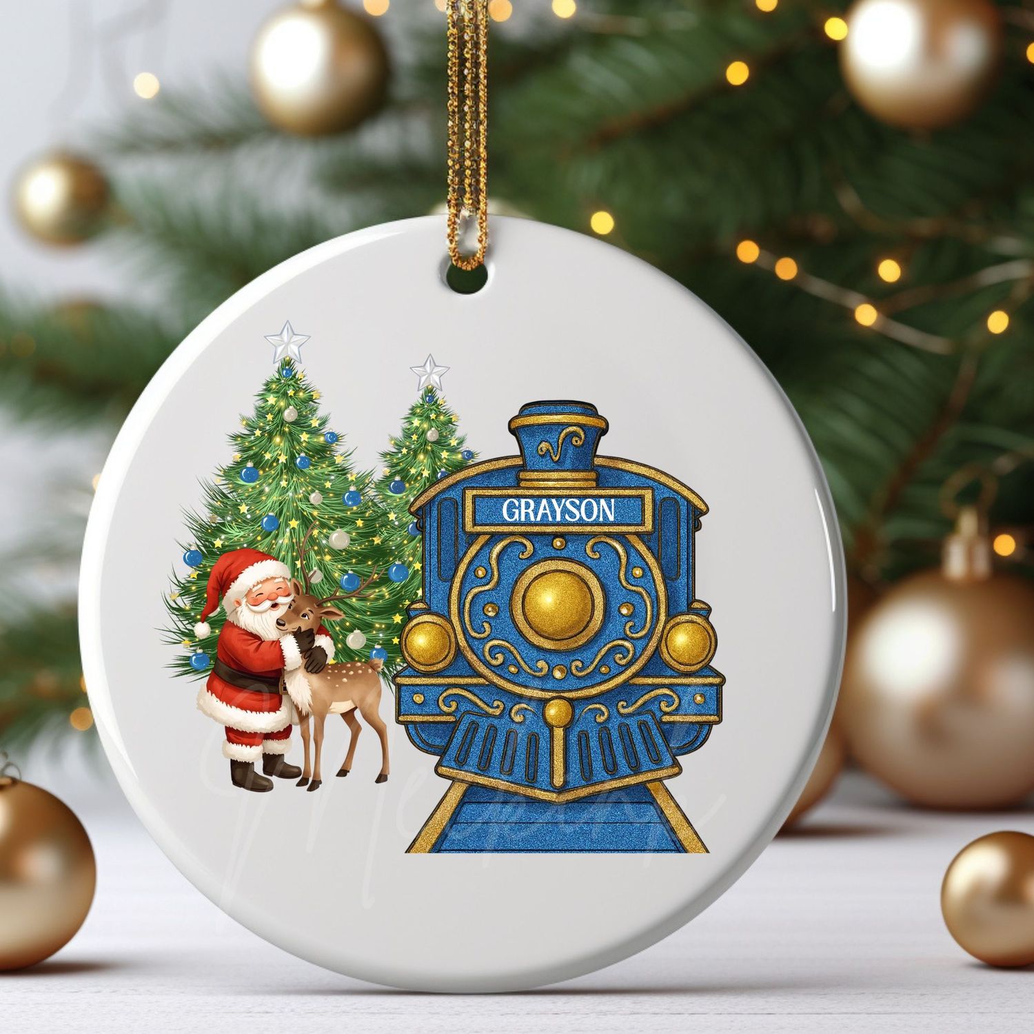 Personalised Blue Train Santa Cuddling Reindeer UVDTF or DTF Decal