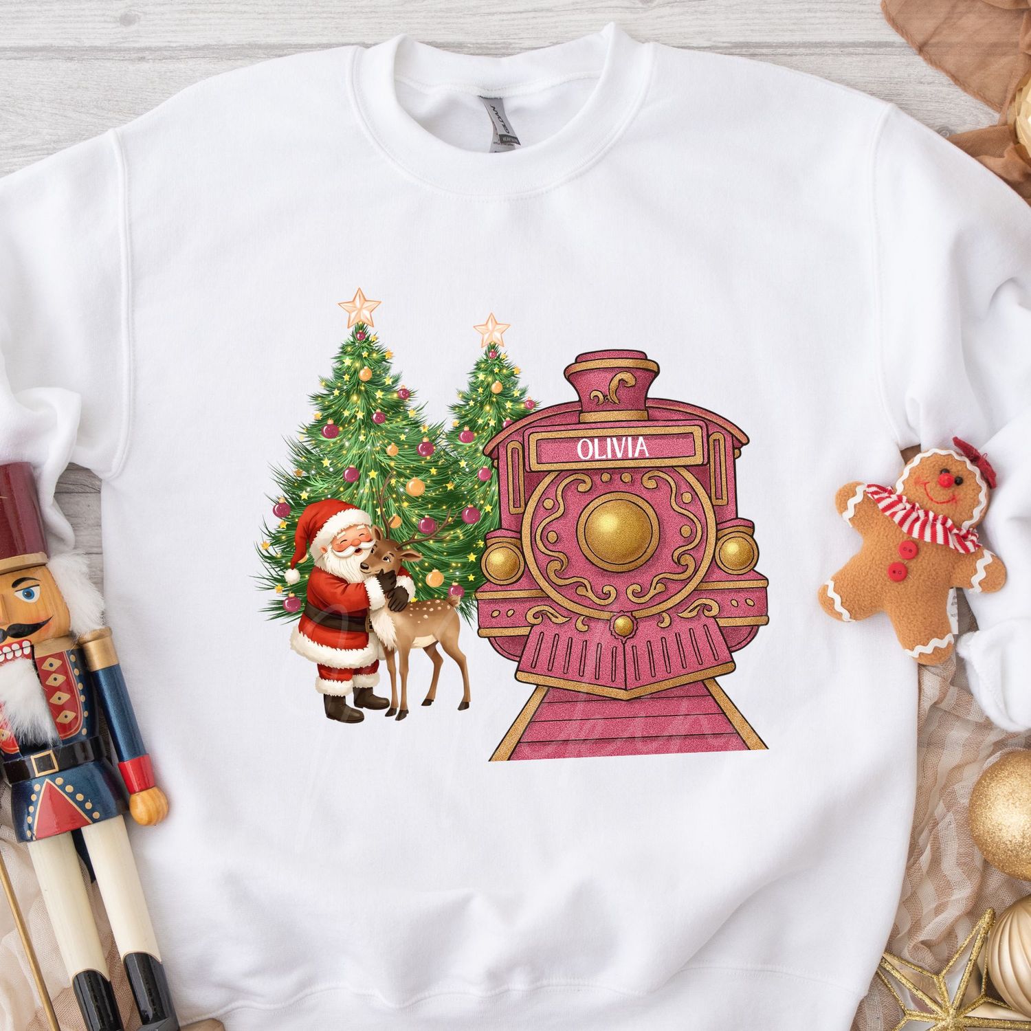 Pink Train Santa Cuddling Reindeer DTF Decal