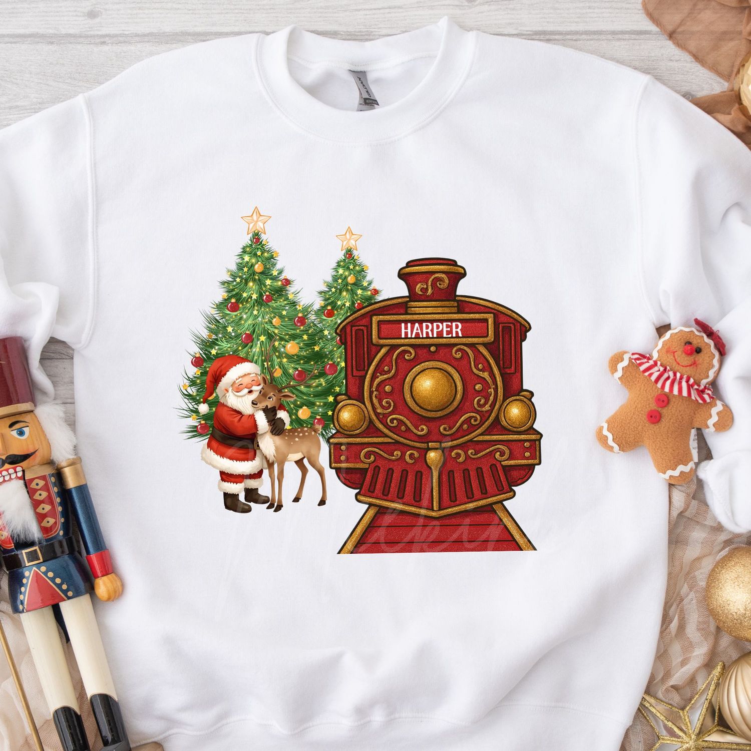 Red Train Santa Cuddling Reindeer DTF Decal