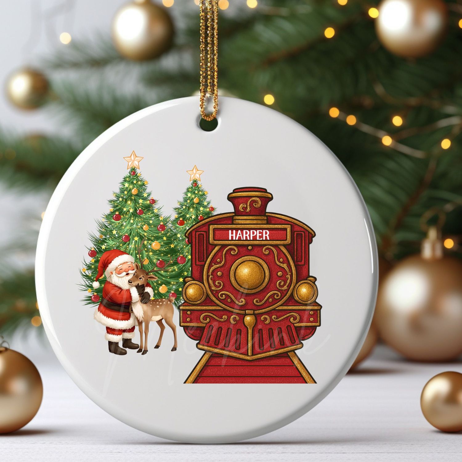Personalised Red Train Santa Cuddling Reindeer UVDTF or DTF Decal