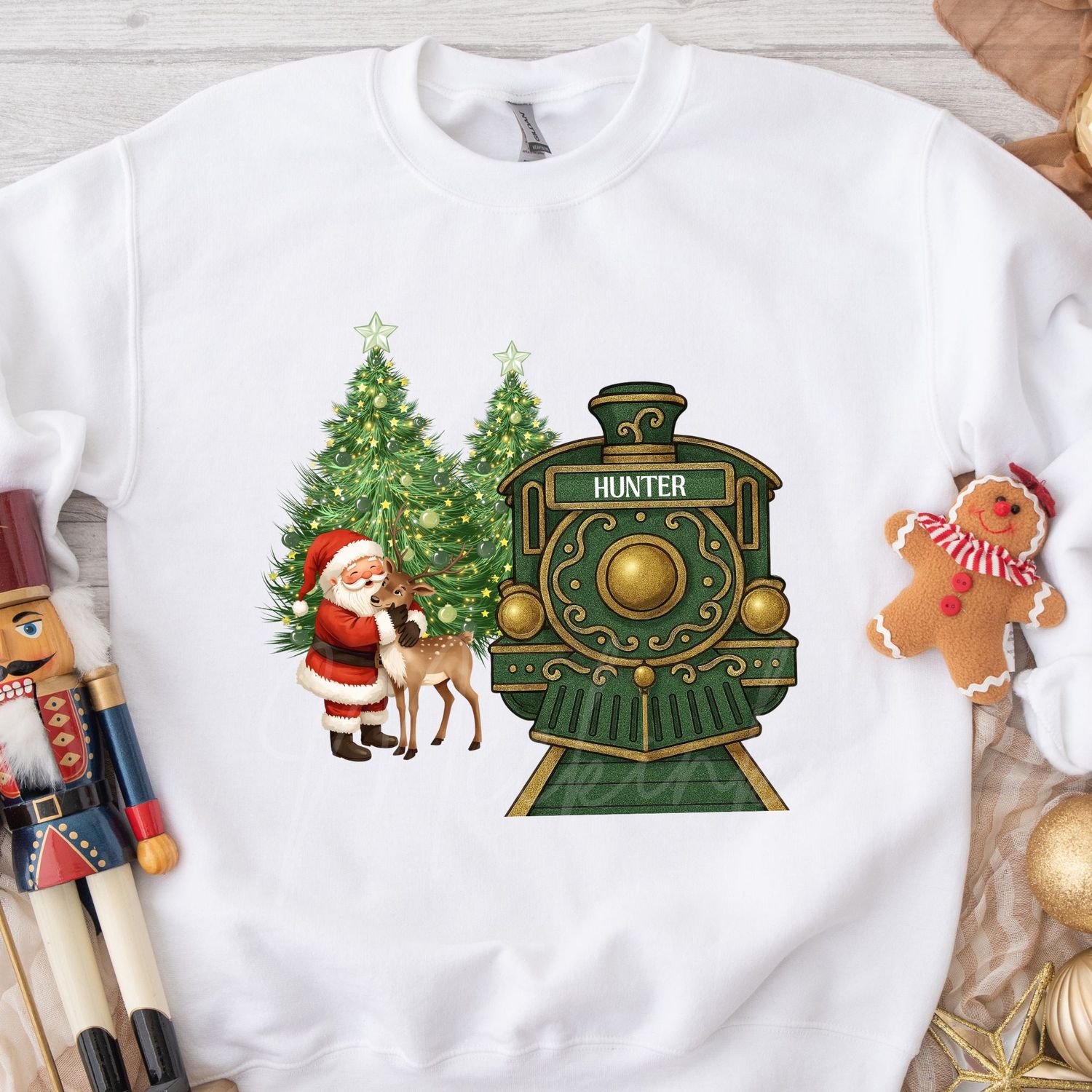 Green Train Santa Cuddling Reindeer DTF Decal