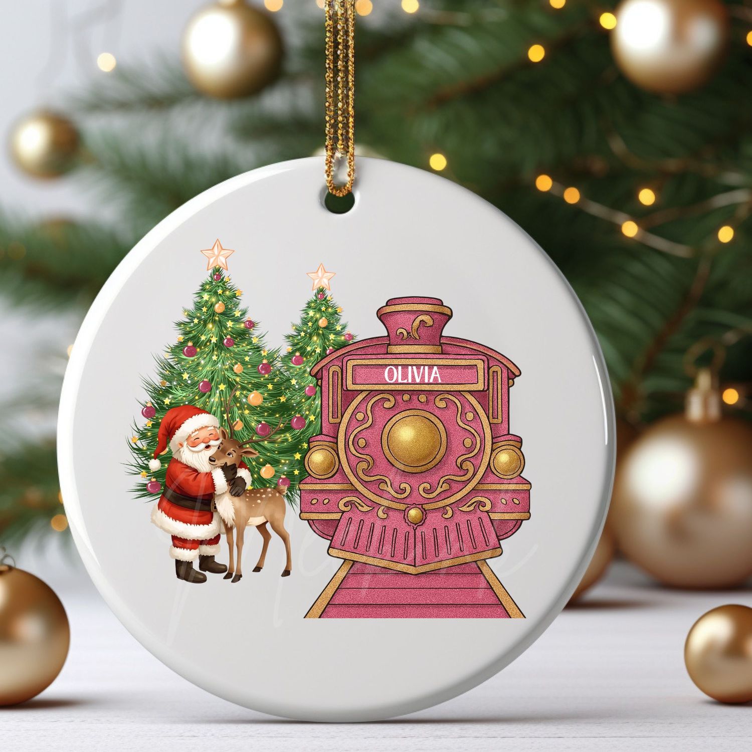 Personalised Pink Train Santa Cuddling Reindeer UVDTF or DTF Decal