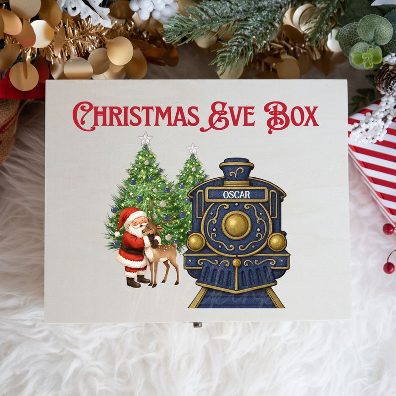 Navy Train Santa Cuddling Reindeer Christmas Eve Box UVDTF or DTF Decal