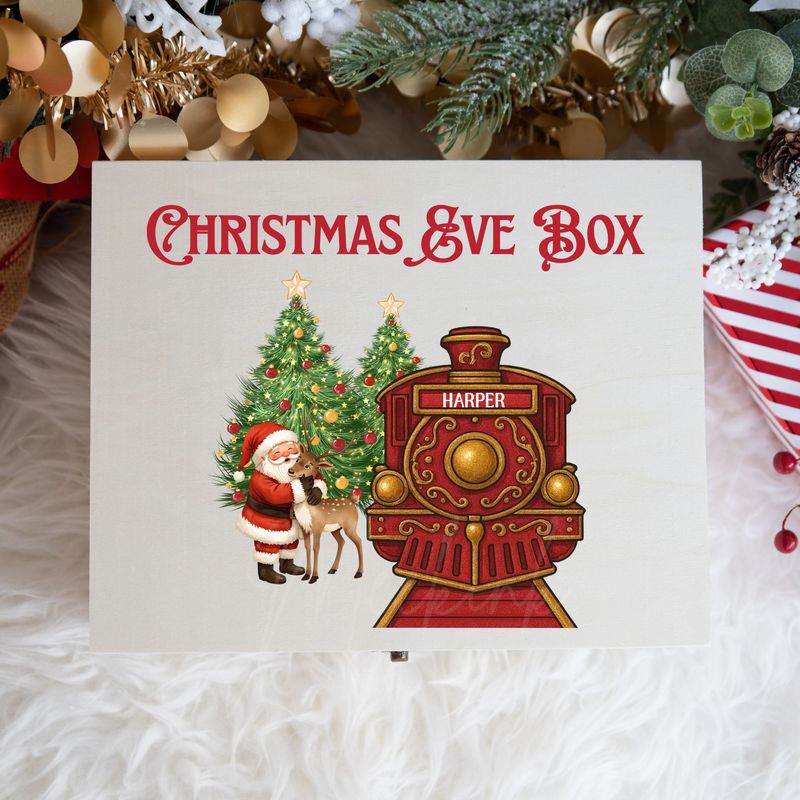 Red Train Santa Cuddling Reindeer Christmas Eve Box UVDTF or DTF Decal