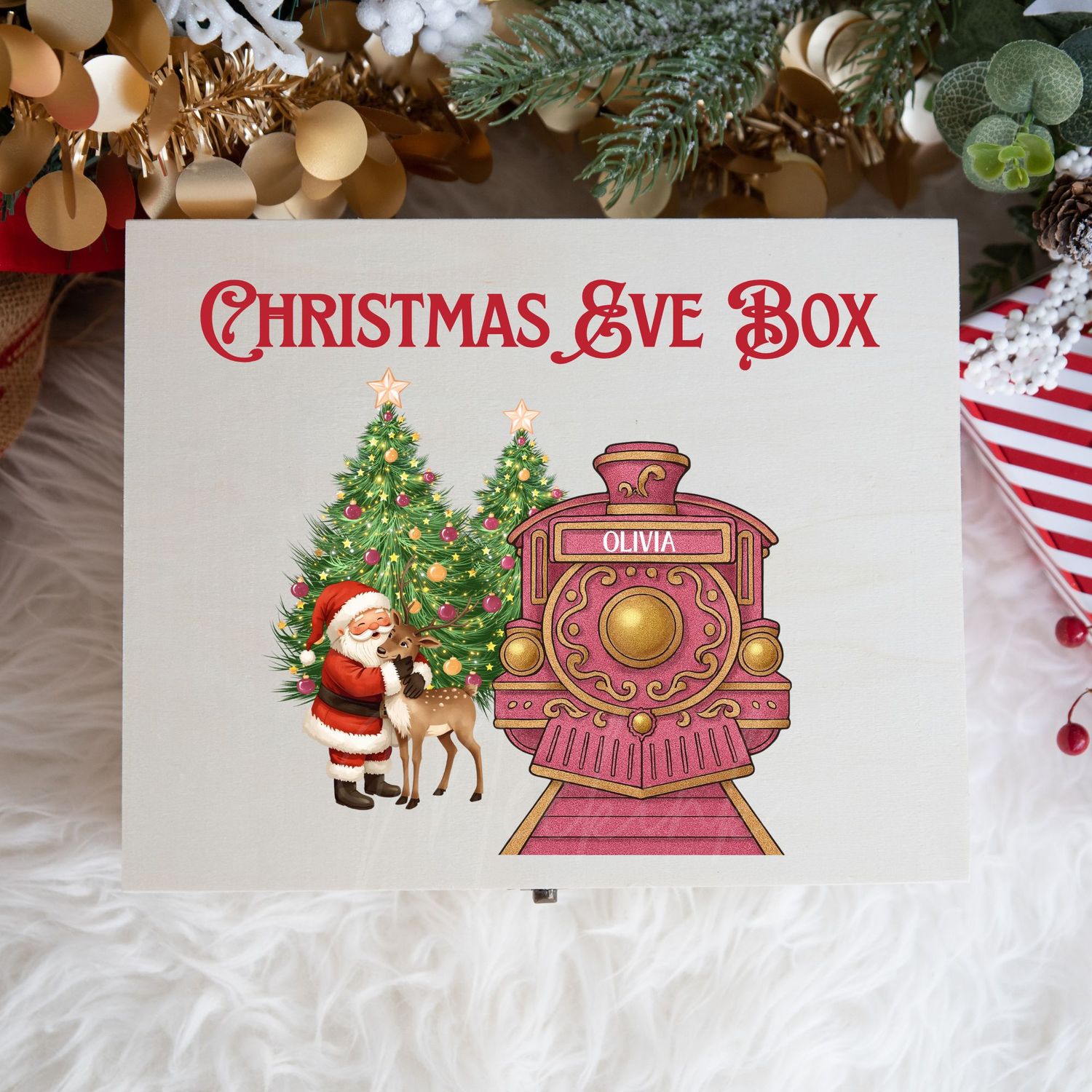 Pink Train Santa Cuddling Reindeer Christmas Eve Box UVDTF or DTF Decal