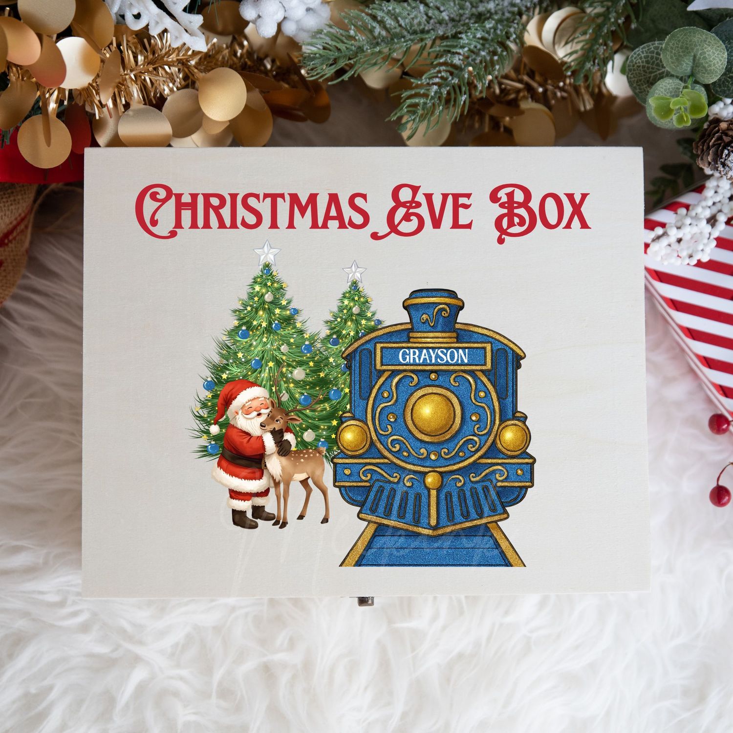 Blue Train Santa Cuddling Reindeer Christmas Eve Box UVDTF or DTF Decal