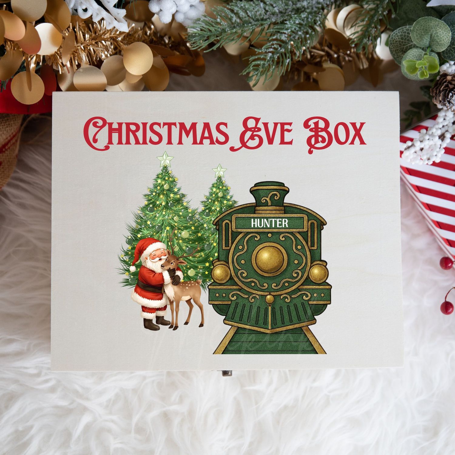 Green Train Santa Cuddling Reindeer Christmas Eve Box UVDTF or DTF Decal