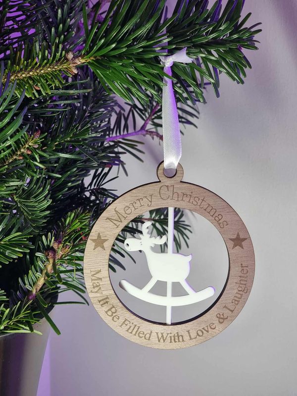 Rocking Reindeer Spinning White Acrylic &amp; Walnut Plywood 3mm Hanging Ornament