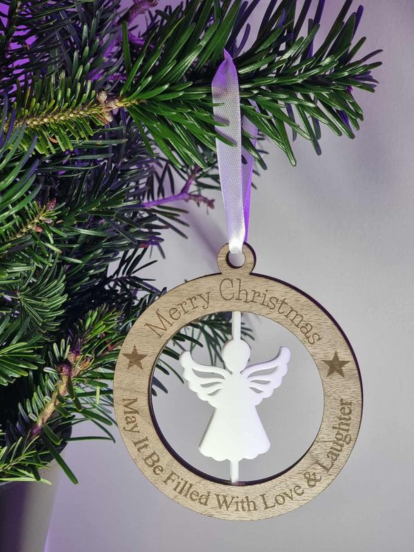 Angel Spinning White Acrylic &amp; Walnut Plywood 3mm Hanging Ornament