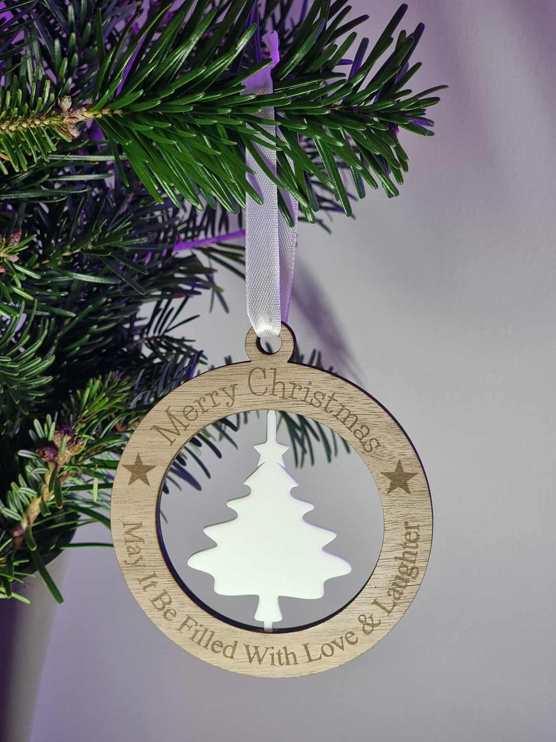 Christmas Tree 1 Spinning White Acrylic &amp; Walnut Plywood 3mm Hanging Ornament