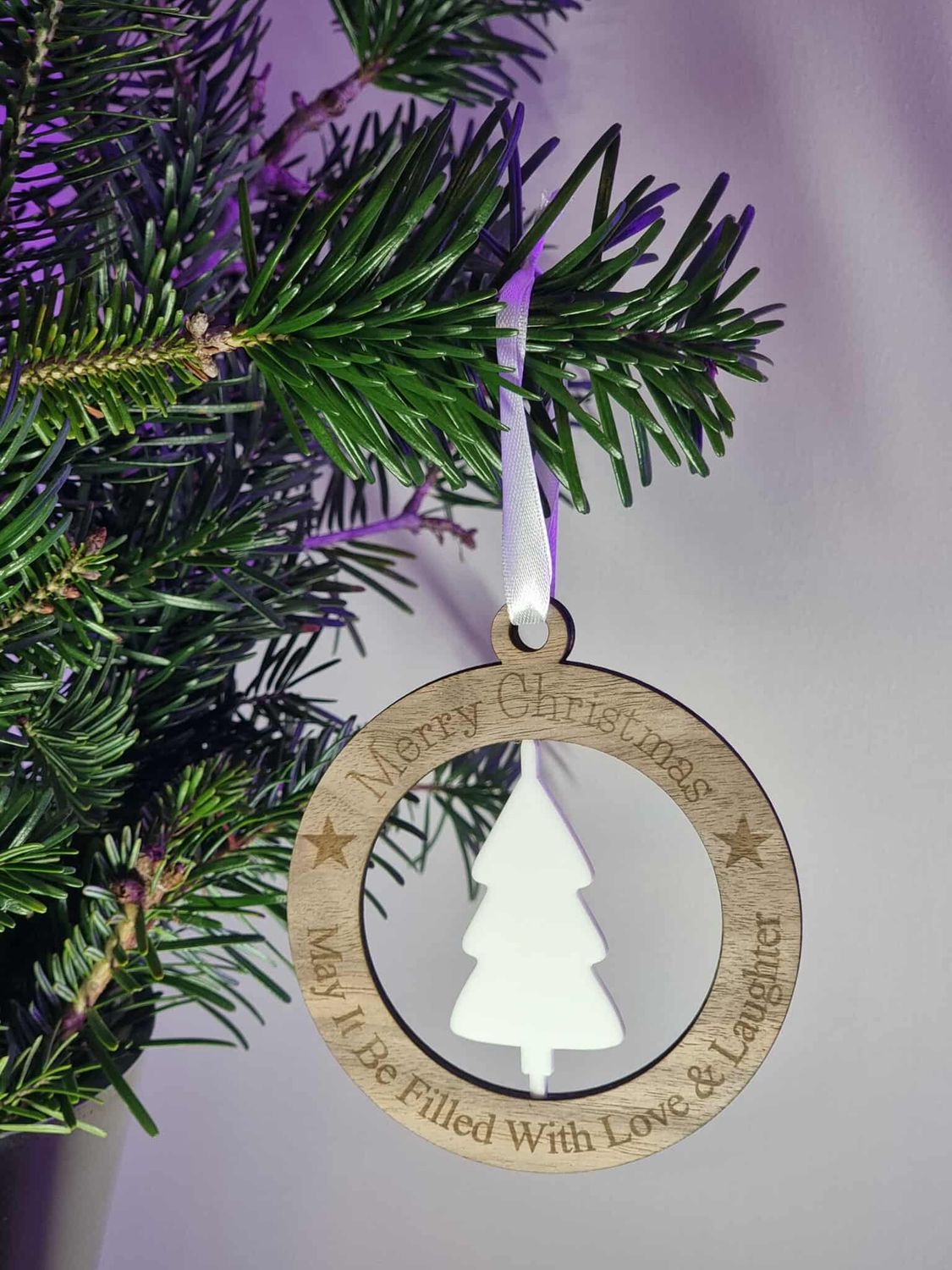 Christmas Tree 2 Spinning White Acrylic &amp; Walnut Plywood 3mm Hanging Ornament