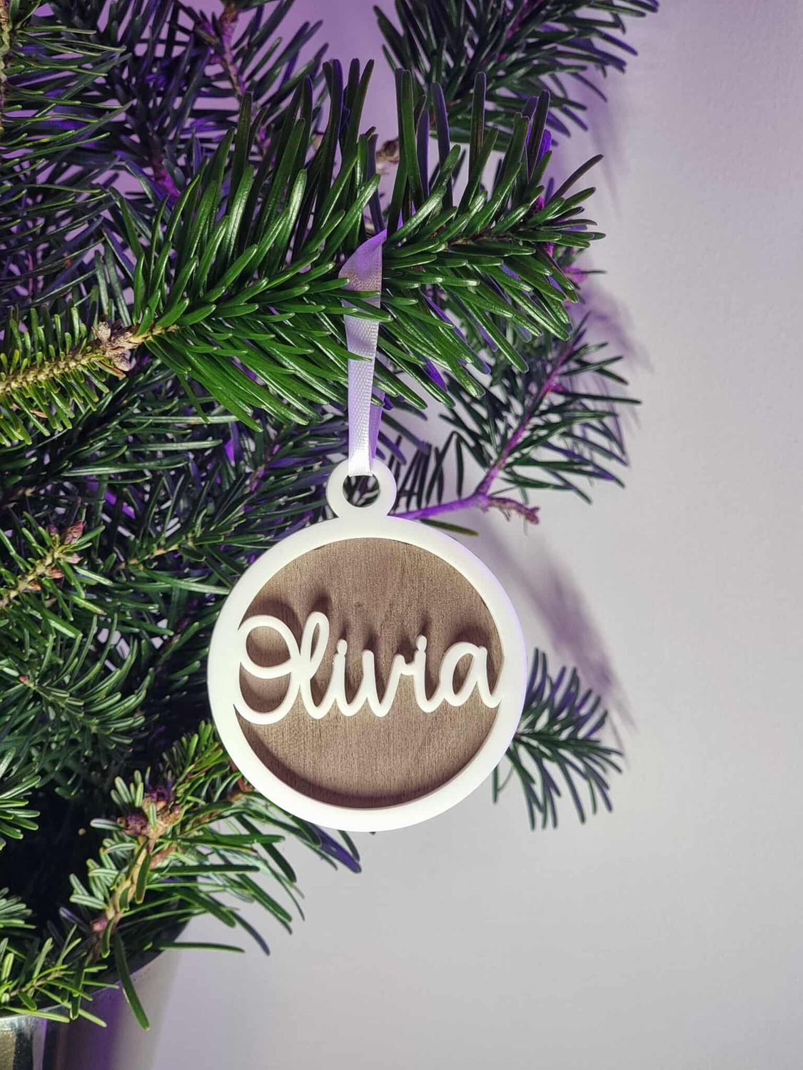 Personalised White Acrylic &amp; Walnut Plywood 3mm Hanging Ornament