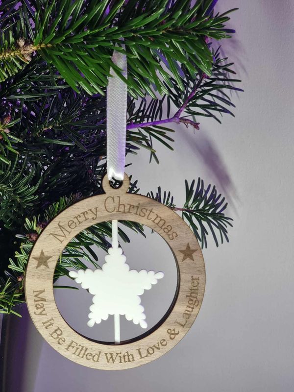 Star Spinning White Acrylic &amp; Walnut Plywood 3mm Hanging Ornament