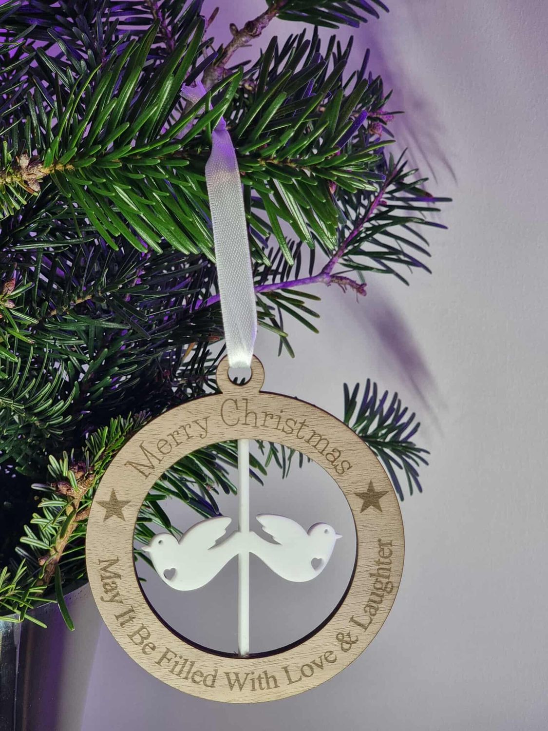 Two Little Dove&#39;s Spinning White Acrylic &amp; Walnut Plywood 3mm Hanging Ornament