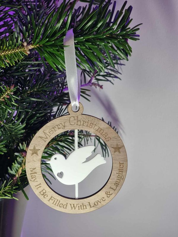 Dove Spinning White Acrylic &amp; Walnut Plywood 3mm Hanging Ornament