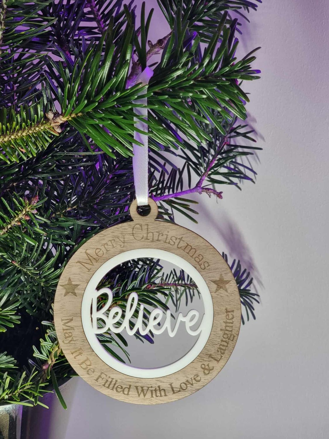 Believe White Acrylic &amp; Walnut Plywood 3mm Hanging Ornament