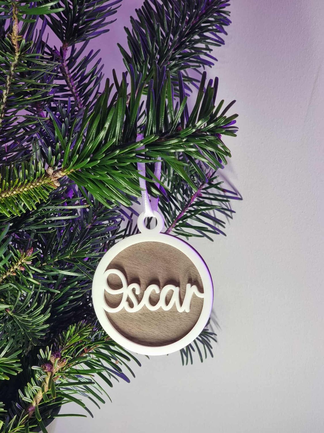 Personalised White Acrylic &amp; Walnut Plywood 3mm Hanging Ornament