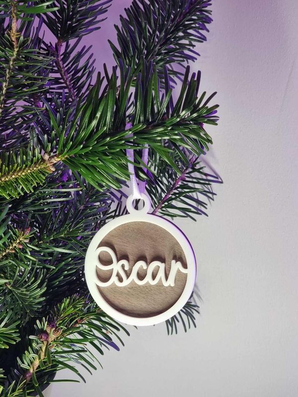 Personalised White Acrylic &amp; Walnut Plywood 3mm Hanging Ornament