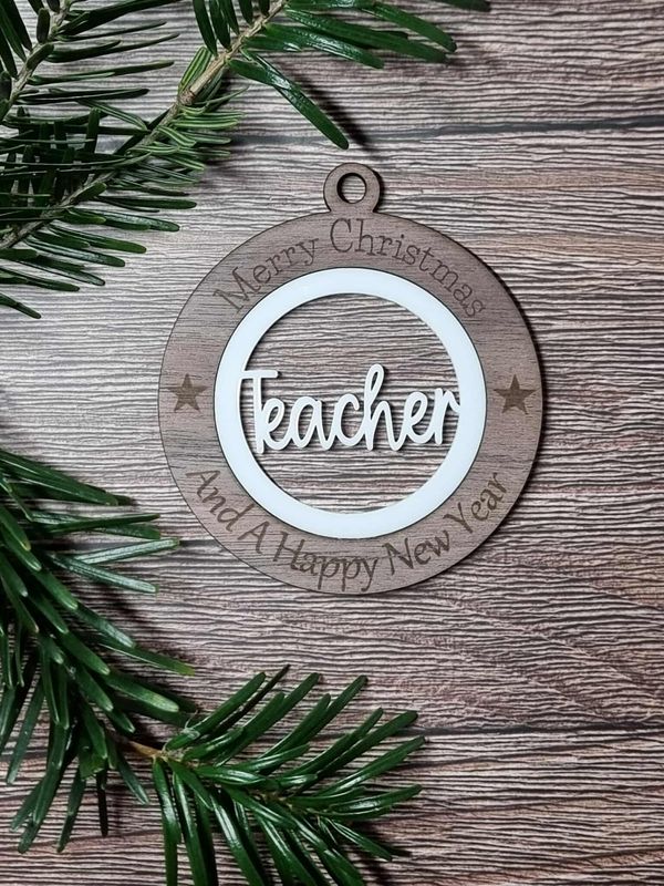7cm Christmas Ornaments 45 Designs To Choose From White Acrylic &amp; Walnut Plywood 3mm Hanging Words